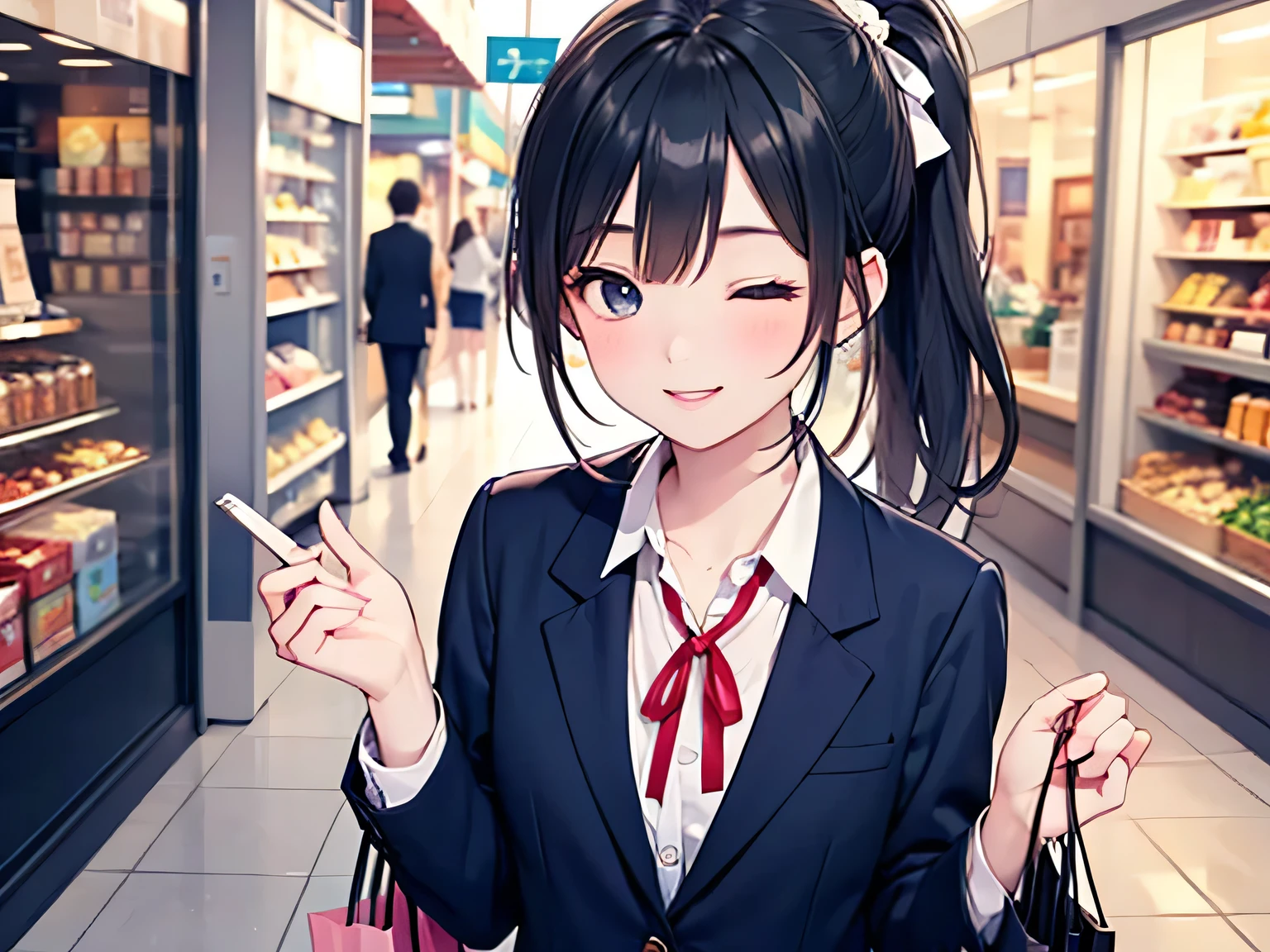 POV, shopping street after school, a high school girl with black hair in a ponytail, her eyes closed with a ish, innocent smile, wearing a navy blue blazer with a ribbon.