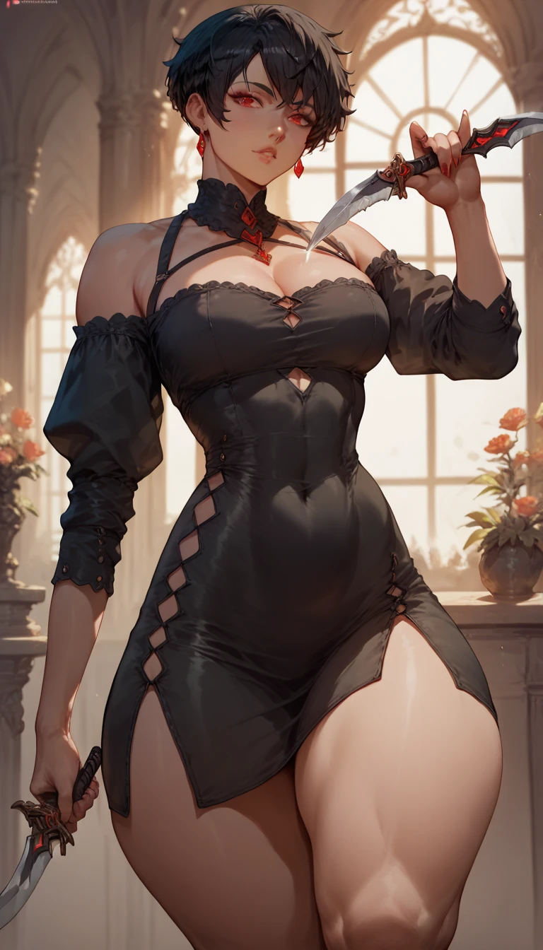  Your_Forger short black hair red eyes medium large black dress healed abdomen thick thighs big with two knives in hand in front of the mirror sexy thick thighs