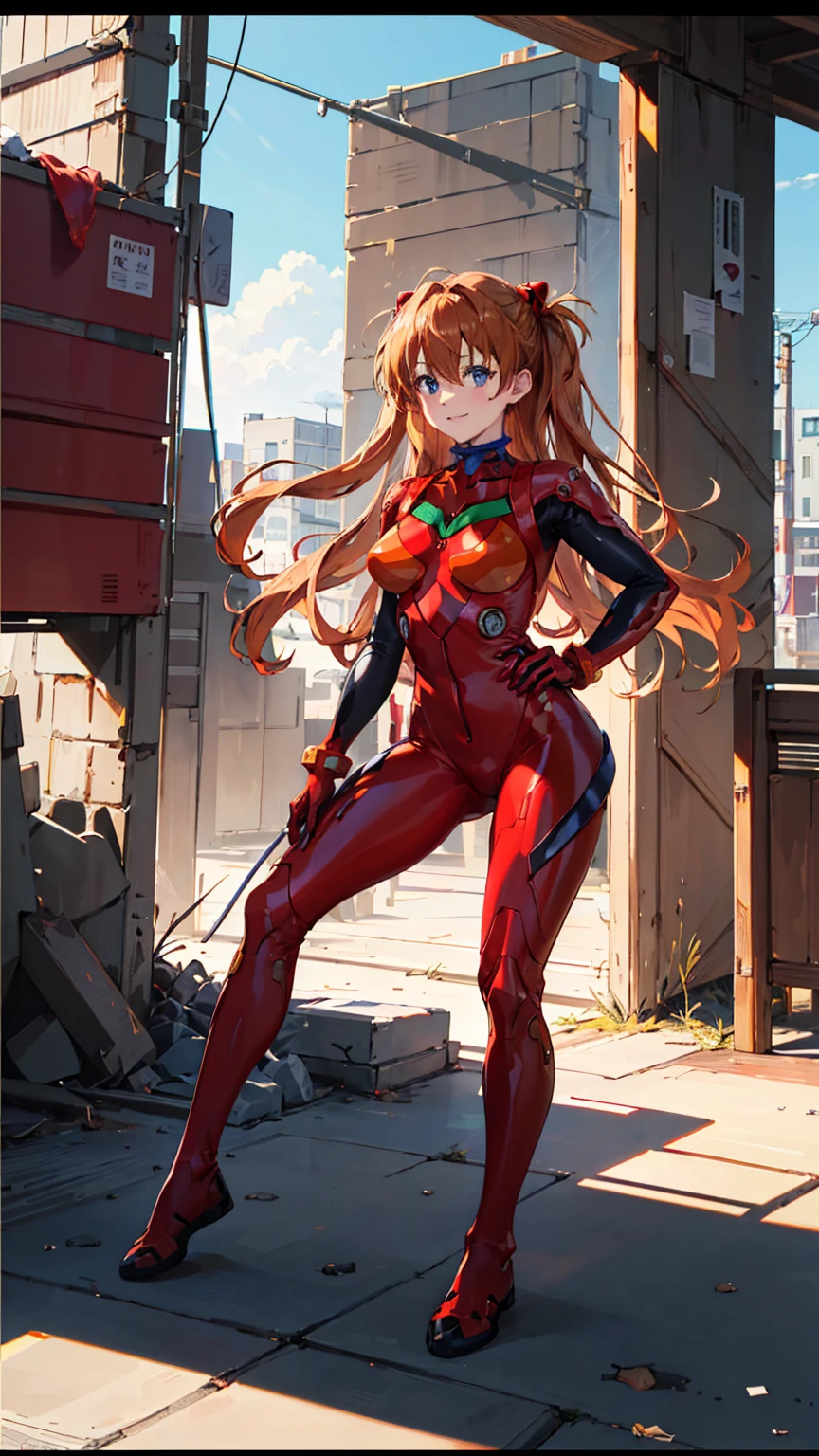 (best quality, masterpiece, colorful, dynamic angle, highest detailed)driving motorbike,(Asuka Langley), full body photo, sideview,  fashion photography of cute red long hair girl (Asuka Langley), dressing high detailed Evangelion red suit (high resolution textures), confident smile, in dynamic pose, bokeh, (intricate details, hyperdetailed:1.15), detailed, sunlight passing through hair, colorful art background, (official art, extreme detailed, highest detailed),souryuu_asuka_langley, plugsuit, bodysuit, interface headset, red bodysuit, hair between eyes, pilot suit, akirabike
