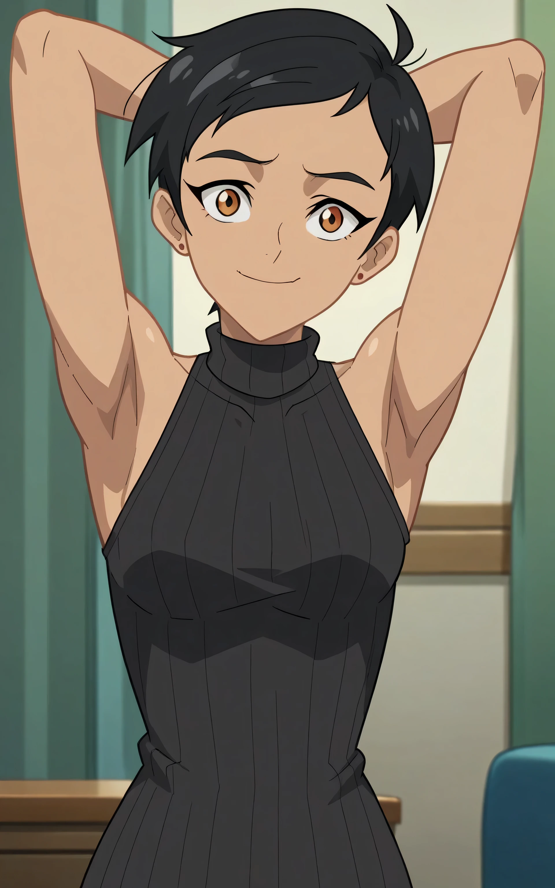 score_9, score_8_up, score_7_up, source_anime, anime screencap, 1girl, solo, llmaws, black sweater, sleeveless sweater, ribbed sweater, turtleneck, bare shoulders, bare arms, arms behind head, armpits, looking at viewer, head towards viewer, smile, closed mouth, badhandv4, medium breasts, feminine, indoors,