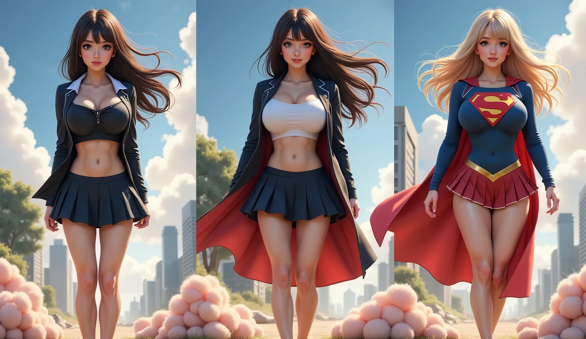 A SEXY MATURE JAPANESE SCHOOL GIRL WITH BLACK HAIR AND GREEN EYES. WATCH IN THIS 3 STAGE TRANSFORMATION AS THE SUPER SERUM TAKES EFFECT AND TRANSFORMS THE SCHOOL GIRL INTO SUPERGIRL. FIRST FRAME SHE IS WEARING HER ICONIC BLACK AND WHITE SCHOOL GIRL UNIFORM, IN THE SECOND FRAME HER SCHOOL GIRL UNIFORM OPENS AS HER BODY GROWS AS HER EYES TURN BLUE AND HER HAIR TURNS BLONDE AS POWER SURGES THROUGH HER, IN THE FINAL FRAME SHE IS WEARING A BLUE SUPERGIRL COSTUME AND RED CAPE.
