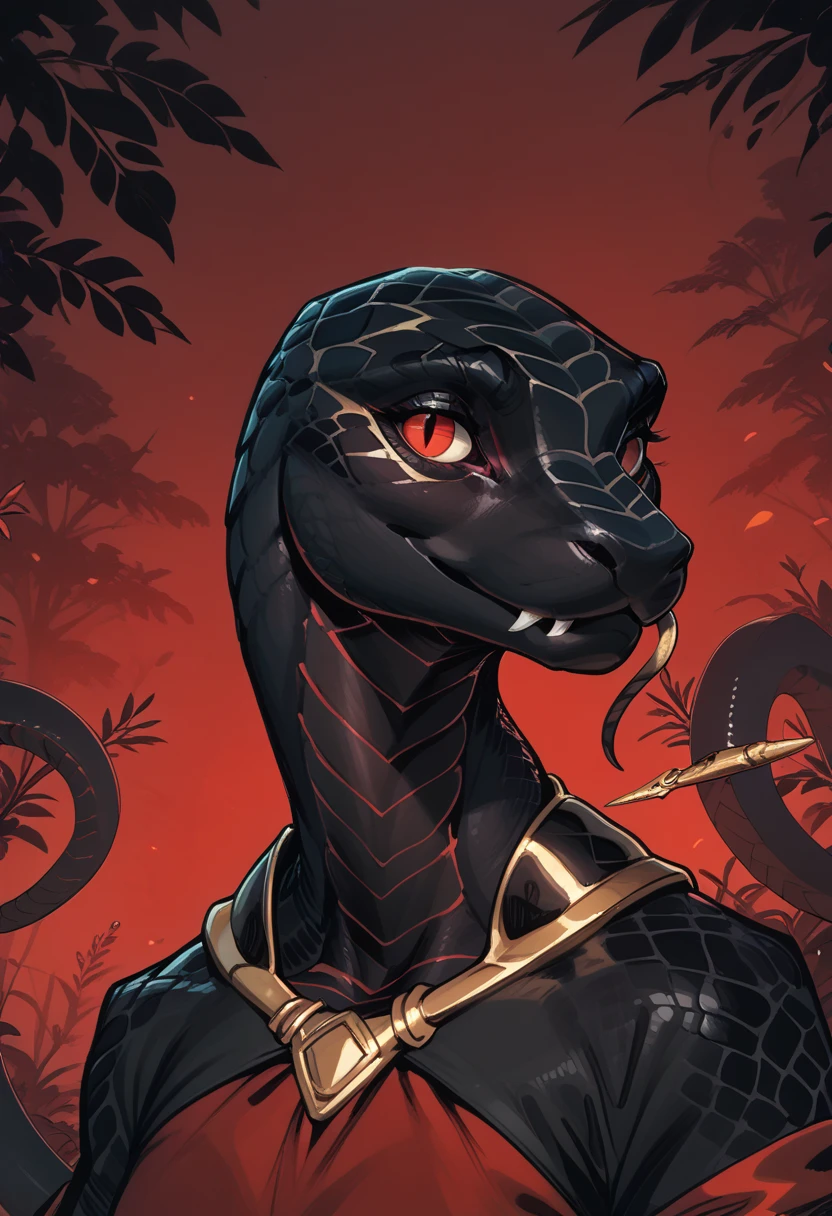 slit pupils, solo, red eyes, black scales, looking at viewer, snake, blurry, no humans, animal, blurry background, animal focus, furry, gold, upper body, zPDXL3, detailxl,  Score_PnyReal