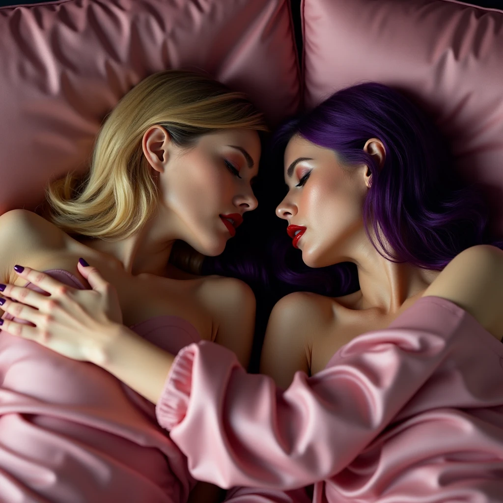 Two beautiful women lie together in a sumptuous four-poster bed with pale pink satin sheets and pillows. One woman has bobbed blonde hair red lipstick and nail polish, the other woman has long flowing rich deep purple hair purple lipstick and nail polish. They are deeply in love. They share tender moments. They are ecstatically happy together.  Passion. Emotion. Desire. Enigmatic expressions. Glossy glamour. Cinematic film still, shot on v-raptor XL, film grain, vignette, color graded, post-processed, cinematic lighting, 35mm film, live-action, best quality, atmospheric, a masterpiece, epic, stunning, dramatic (perfect hands3.0) 