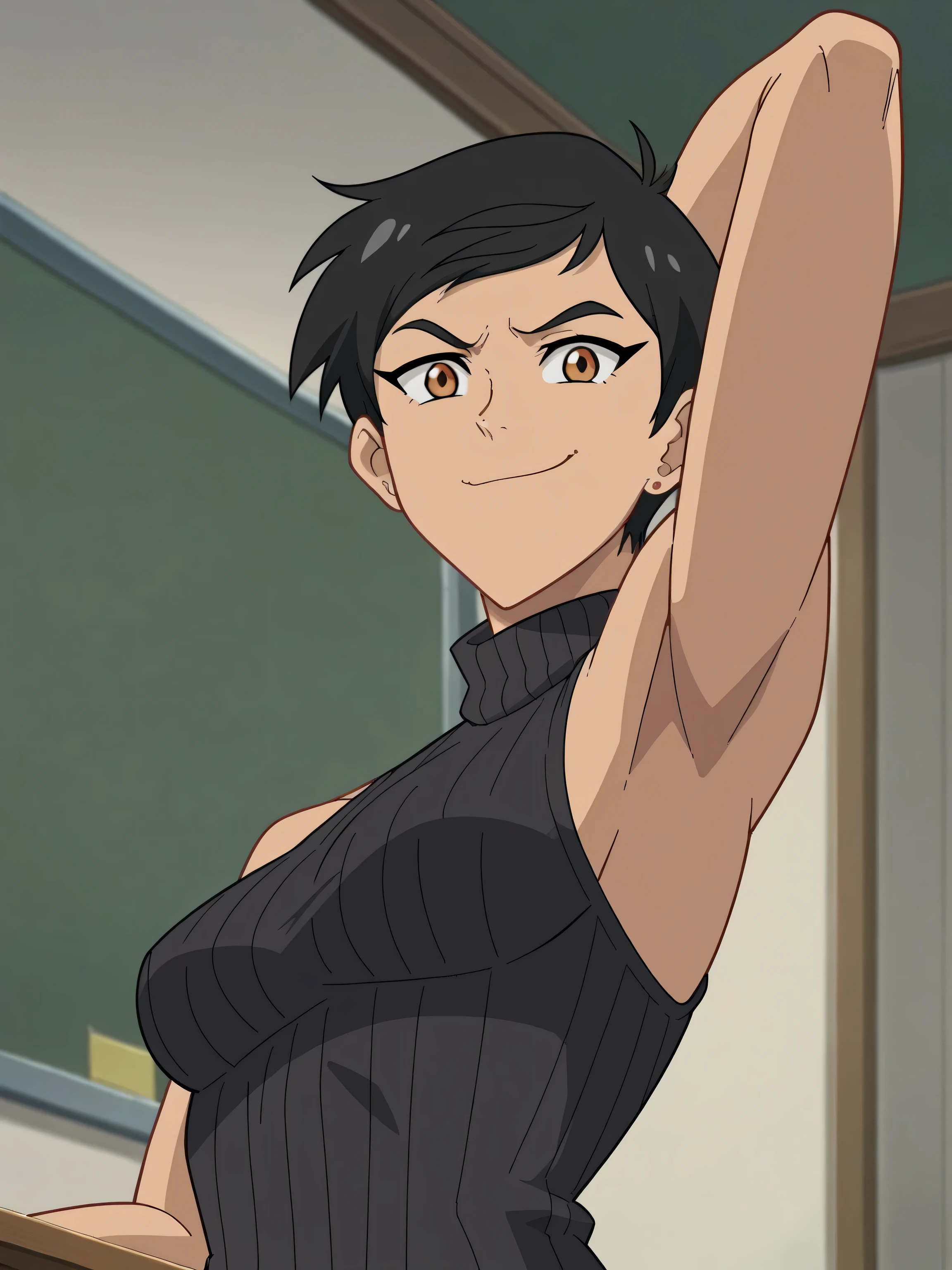 score_9, score_8_up, score_7_up, source_anime, anime screencap, 1girl, solo, llmaws, black sweater, sleeveless sweater, ribbed sweater, turtleneck, bare shoulders, bare arms, arms behind head, armpits, looking at viewer, head towards viewer, smile, closed mouth, badhandv4, medium breasts, feminine, indoors,