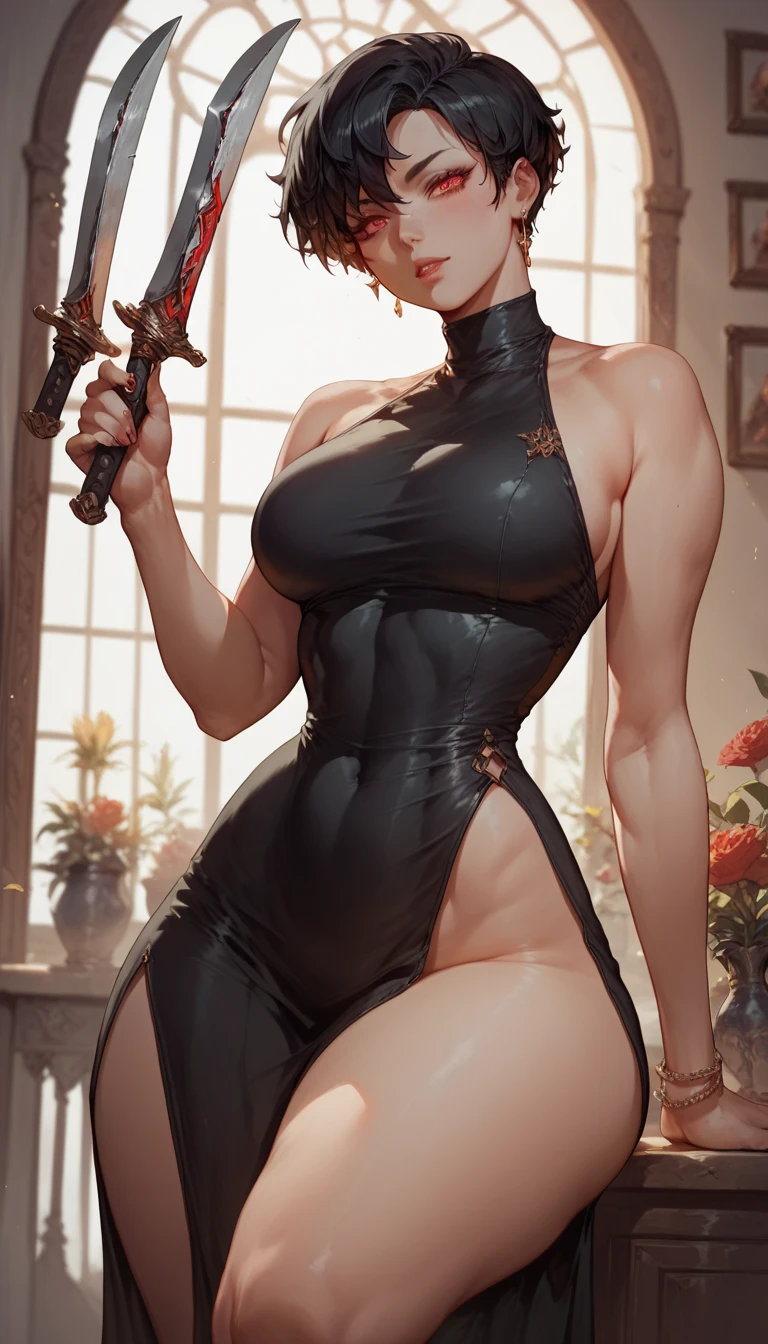  Your_Forger short black hair red eyes medium large black dress healed abdomen thick thighs big with two knives in hand in front of the mirror sexy thick thighs