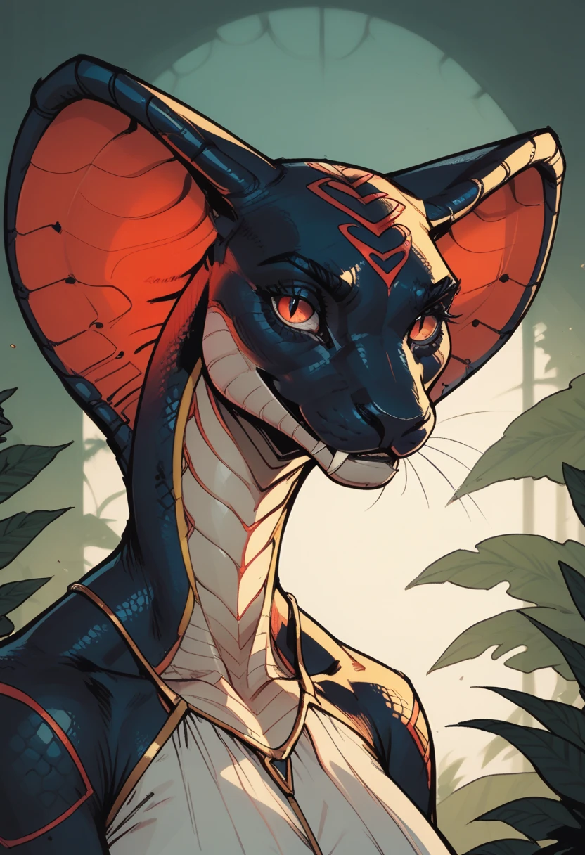 slit pupils, solo, red eyes, dark scales, looking at viewer, snake, cobra, blurry, no humans, animal, blurry background, animal focus, furry, anthro, gold, upper body, zPDXL3, detailxl,  Score_PnyReal