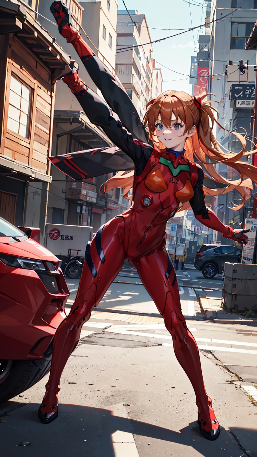 (best quality, masterpiece, colorful, dynamic angle, highest detailed)driving motorbike,(Asuka Langley), full body photo, sideview,  fashion photography of cute red long hair girl (Asuka Langley), dressing high detailed Evangelion red suit (high resolution textures), confident smile, in dynamic pose, bokeh, (intricate details, hyperdetailed:1.15), detailed, sunlight passing through hair, colorful art background, (official art, extreme detailed, highest detailed),souryuu_asuka_langley, plugsuit, bodysuit, interface headset, red bodysuit, hair between eyes, pilot suit, akirabike
