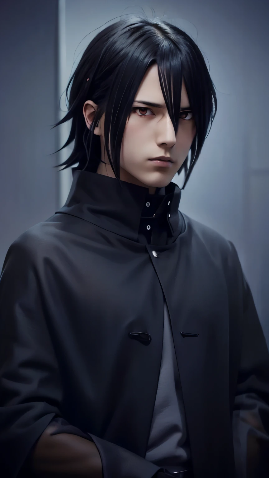 Sasuke uciha, 1boy, grey shirt, black cloak, black hair, red eyes, realistic,Masterpiece, Super Detailed, High Quality, UHD, High Resolution, 