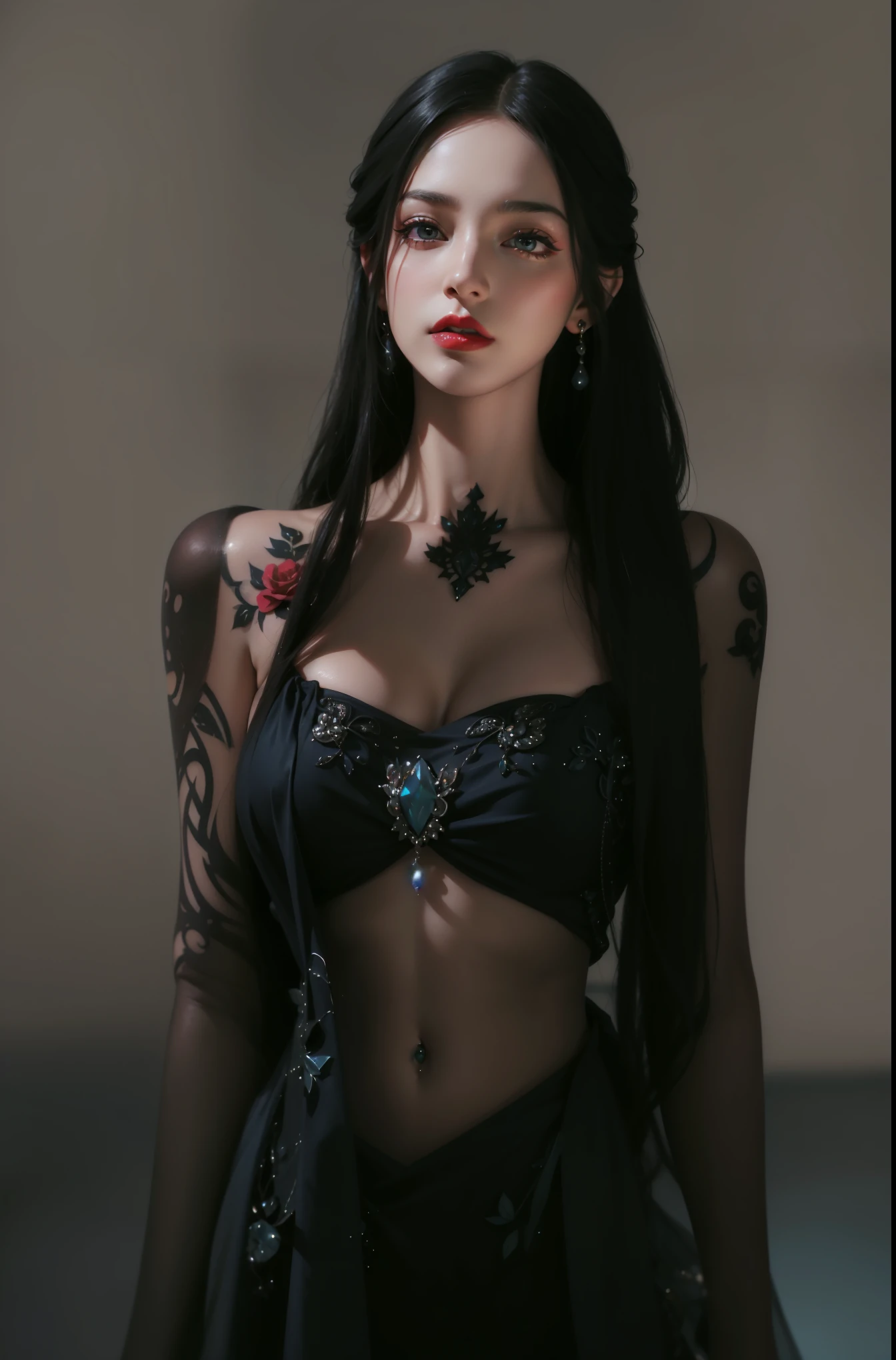 Gothic style photorealistic, 1girl, (Unreal tattoo), long hair, witch hair, solo, navel, detailed eyes, jewelry, bracelet, choker, small breasts, looking at viewer, realistic, necklace, (((teal clothing))), short mini skirt, bare shoulders, thigh highs, mesh cape, chain, Dark, mysterious, haunting, dramatic, ornate, detailed,