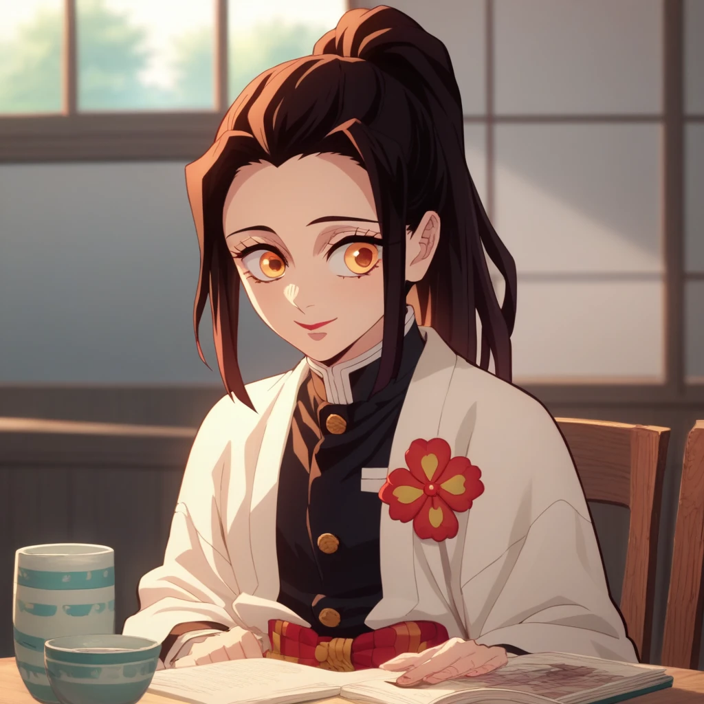 Anime Screencap, Season 4 Ufotable studio, girl with dark red hair, long hair, extremely long hair, long dark red hair, ponytail, amber eyes, orange eyes, wearing a black Demon Slayer uniform, yellow haori with white floral cloth pattern, smiling, feminine