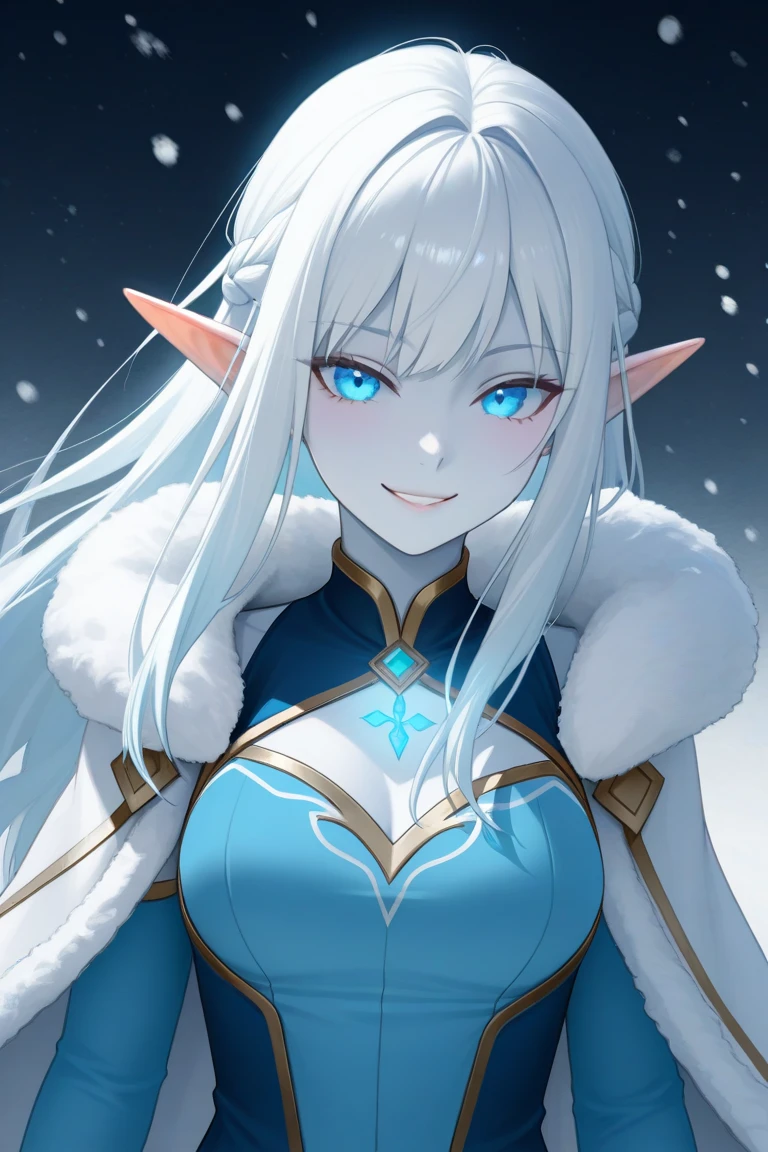 "An anime-style icy elf man with pale blue skin and sharp facial features. He has long, flowing white hair, pointed elf ears, and glowing icy blue eyes. His expression is a confident, sly smile, radiating a cold yet charismatic aura. He wears a fur-lined icy-blue outfit, blending with the frosty environment. The background features snow falling gently and a serene, wintry atmosphere with a soft glow illuminating his figure. The elf embodies a regal and mysterious vibe, perfectly suited to a magical frozen landscape.