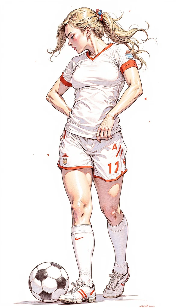 Sketch, Beautiful colored pencil line art, Beautiful curves, Brush stroke technique, Graceful, Beautiful, Female soccer player, Sexy, Big boobs, Muscular, Six pack, Competition, Passionate cheering in beautiful line drawing style. Perfect composition. Incredible detail and beautiful rendering. Trending on ArtStation. 8k Fine Art photography. Realistic concept art. Perfect light in natural volumetric cinematography. Soft light and shadows. Award winning photography. Masterpiece. Oil on canvas. Rafael Caravaggio. Greg Rutkowski. Beeple Beksinski. Giger.