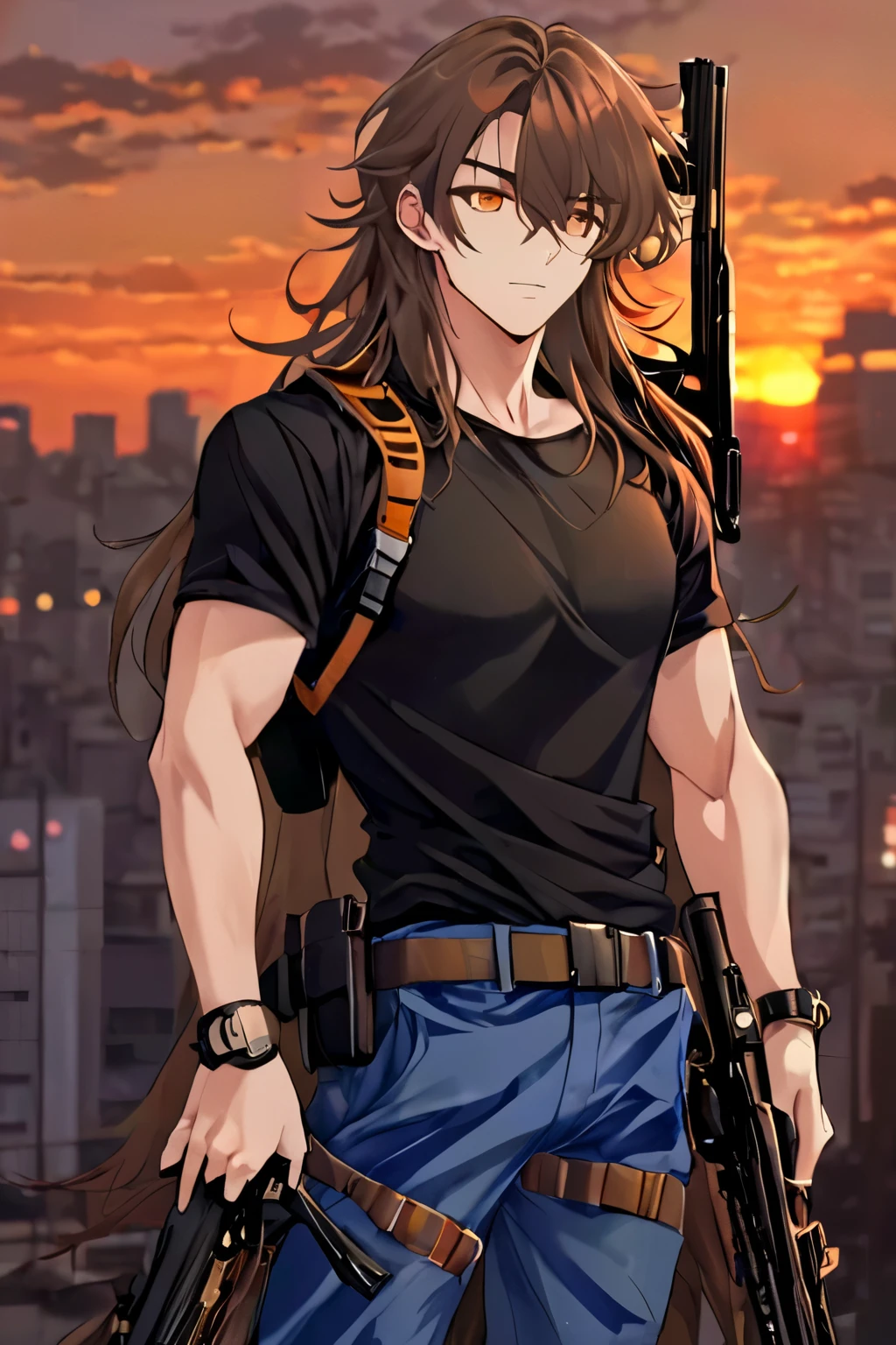(masterpiece), best quality, expressive eyes, perfect face, tall, 19 year old male, brown long hair, bangs. hair covering one eye, orange eyes, athletic black shirt, blue pants with black belt, crossbow on side, gun holster on pants with dual pistols, masculine, sunset, shibuya background