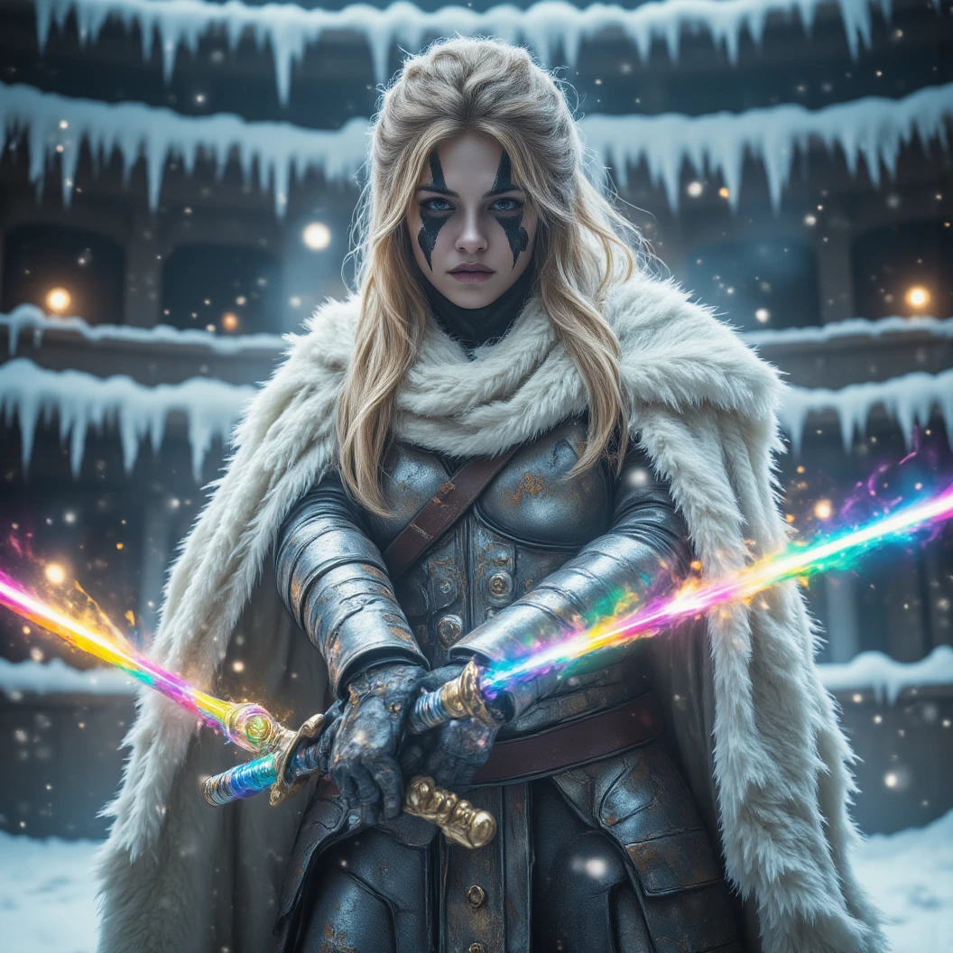 Imagine a warrior queen donned in shining silver armor with a white fur cloak. Black running eyeliner war paint. Dynamically wields dual sword with rainbow colored blades in a defensive pose. Dynamic fighting pose. A small snow covered colleseum is her fighting arena. A freezing and windy blizzard atmosphere. Icecicles. High Resolution, Masterpiece, Award Winning, Hyperdetailed, Hyperrealism, Depth Of Field, Image Fill, Floating particles, Dynamic pose.