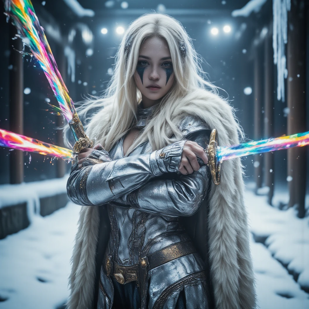 Imagine a warrior queen donned in shining silver armor with a white fur cloak. Black running eyeliner war paint. Dynamically wields dual sword with rainbow colored blades in a defensive pose. Dynamic fighting pose. A small snow covered colleseum is her fighting arena. A freezing and windy blizzard atmosphere. Icecicles. High Resolution, Masterpiece, Award Winning, Hyperdetailed, Hyperrealism, Depth Of Field, Image Fill, Floating particles, Dynamic pose.