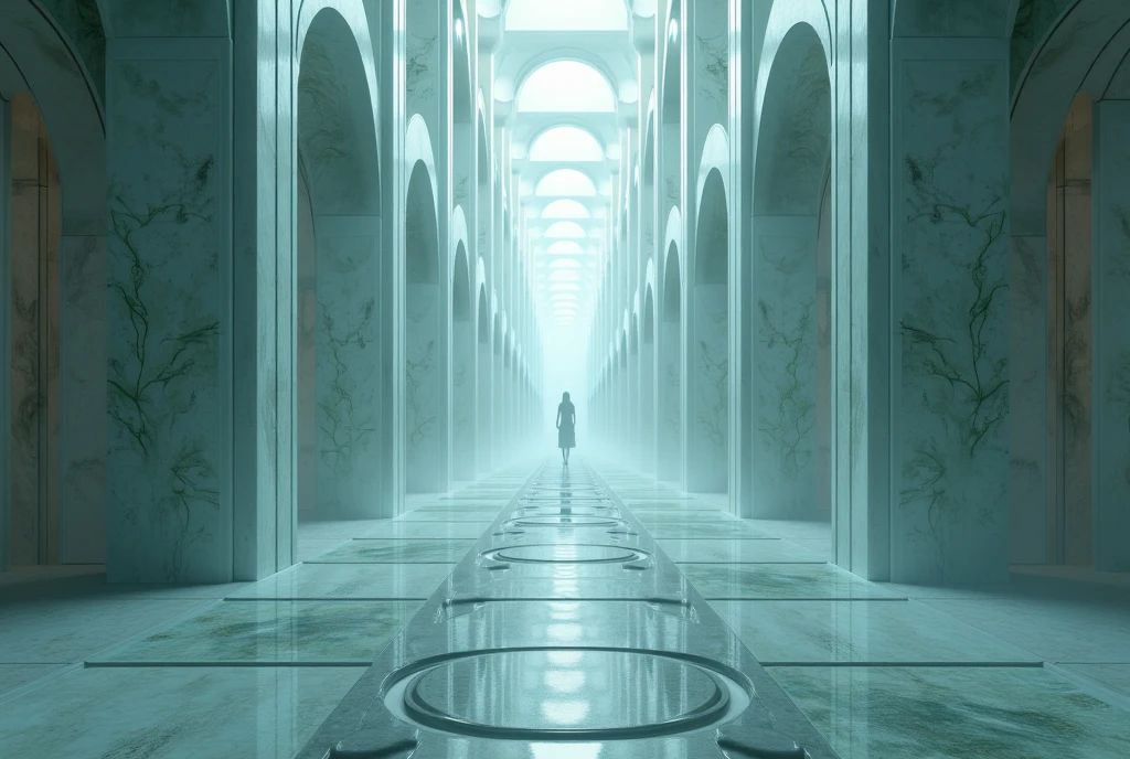 Photorealistic,Infinite square hallway ，Infinite Corridors ， Unlimited Threshold Space， black and white square tiled hallways ，Infinitely spaced room doors ， infinitely spaced modern ceiling lights， soft lighting ， Surrealism 