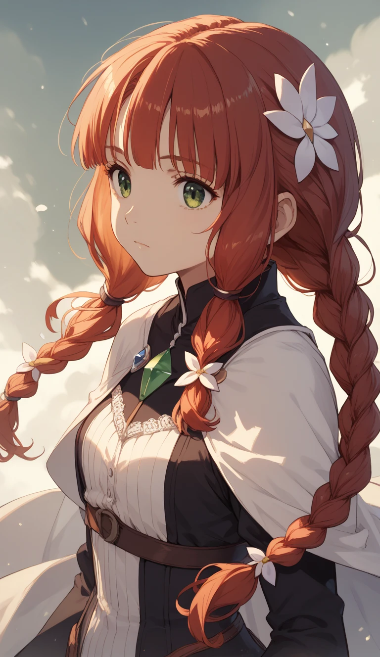  with long blond hair braided on the left side and green eyes . She has a red hair ornament above the braid . with long blond hair braided on the left side and green eyes . She has a red hair ornament above the braid . with long blond hair braided on the left side and green eyes . She has a red hair ornament above the braid .Chronos Illustrious Mix