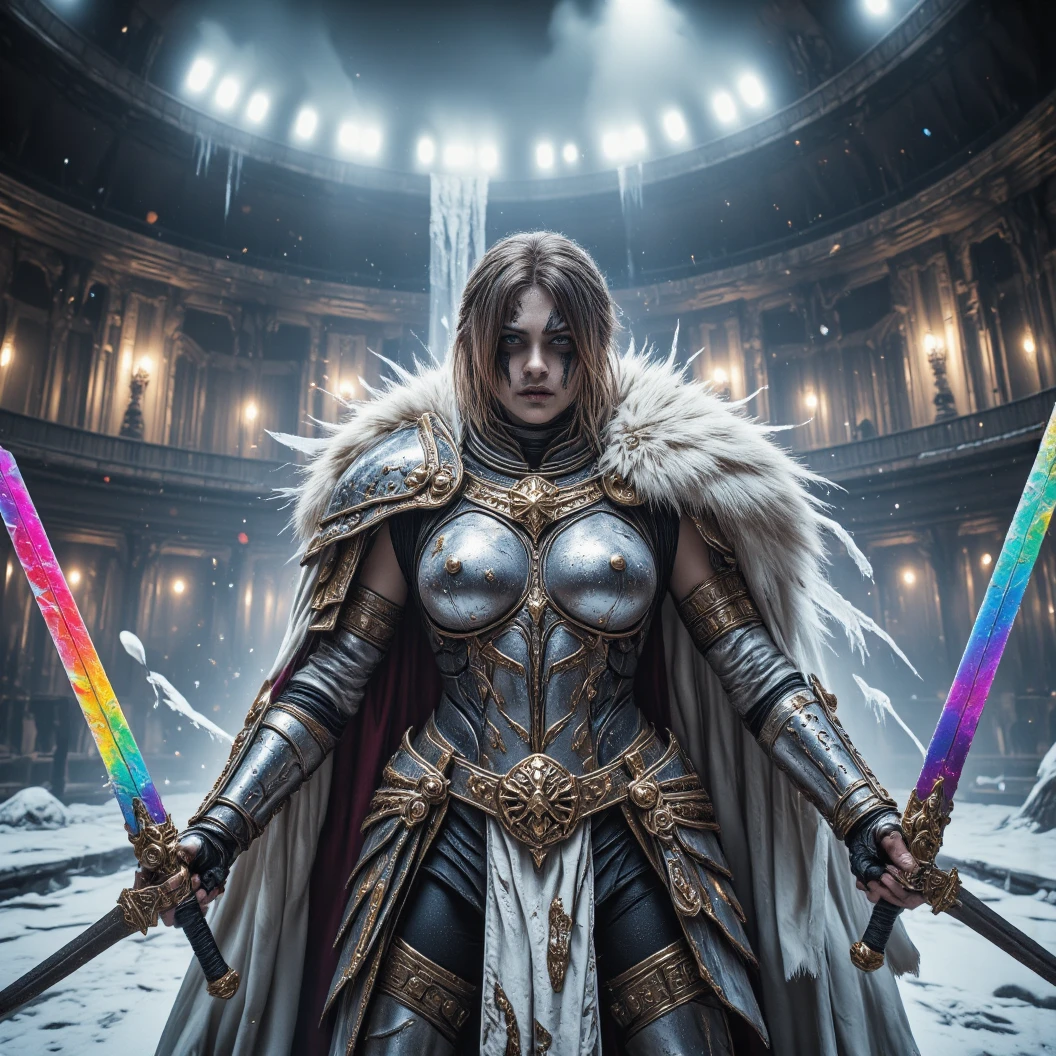 Imagine a warrior queen donned in shining silver armor with a white fur cloak. Black running eyeliner war paint. Dynamically wields dual sword with rainbow colored blades in a defensive pose. Dynamic fighting pose. A small snow covered colleseum is her fighting arena. A freezing and windy blizzard atmosphere. Icecicles. High Resolution, Masterpiece, Award Winning, Hyperdetailed, Hyperrealism, Depth Of Field, Image Fill, Floating particles, Dynamic pose.