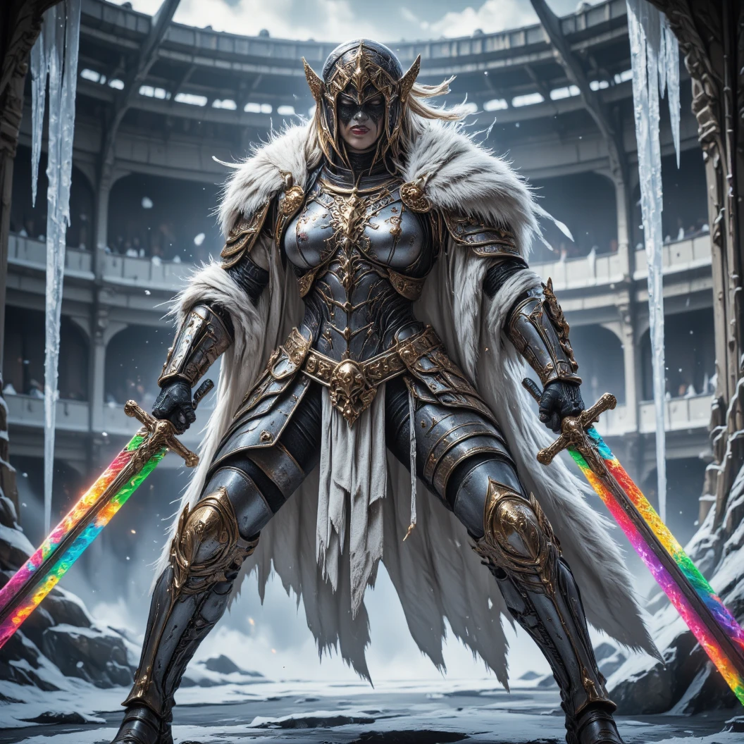 Imagine a warrior queen donned in shining silver armor with a white fur cloak. Black running eyeliner war paint. Dynamically wields dual sword with rainbow colored blades in a defensive pose. Dynamic fighting pose. A small snow covered colleseum is her fighting arena. A freezing and windy blizzard atmosphere. Icecicles. High Resolution, Masterpiece, Award Winning, Hyperdetailed, Hyperrealism, Depth Of Field, Image Fill, Floating particles, Dynamic pose.