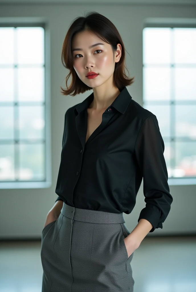 (50A room in an old building built over 100 years ago、There is only one window、Factory building outside、Factory chimneys can be seen in the distance)、(Cloudy:1.4)、(Small office、Old desk、60Only the light of a watt of incandescent light)、(There is a landline phone on the desk2A table is provided)、(A woman in a grey office uniform)、Japanese、38age、Standard body shape、D cup breasts、Short black hair、Meaty legs、Hair tied up、笑face、Ultra-high resolution、(photoGenuineistic:1.4)、RAW Photos、Japanese,(face)、Genuine、Photographed in natural light、Highly detailed face and skin texture、Highly detailed lips、The correct state of the human body、Shortcuts、short hair、(Detective Story:1.4)、(Dim lighting:1.2)、The audience is watching from a distance、The whole body is shown