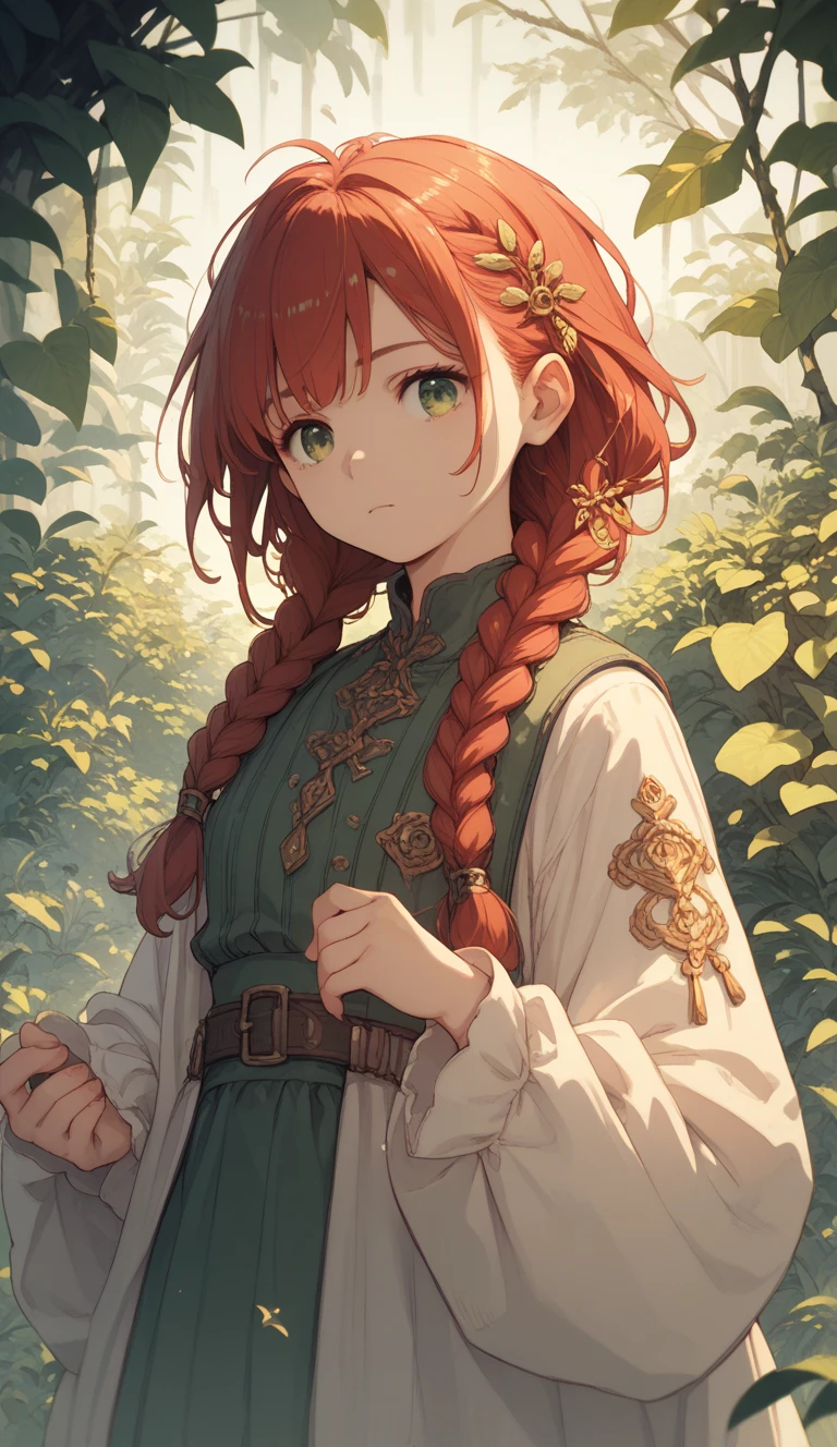 Anime girl with long blond hair braided on the left side and green eyes. She has a red hair ornament above the braid .