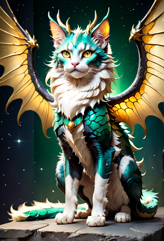 full body, feral, hybrid between cat and furred dragon, dark green and golden fur, wings, horns, chest fluff, paws, fangs, ton back, faded gold eyes, a quadruped creature, detailed fur, intricate textures, detailed background, space, dramatic lighting, muted color palette, cinematic composition, ultra-detailed, 8k, photorealistic, masterpiece. No multiplication. Stained glass wings.