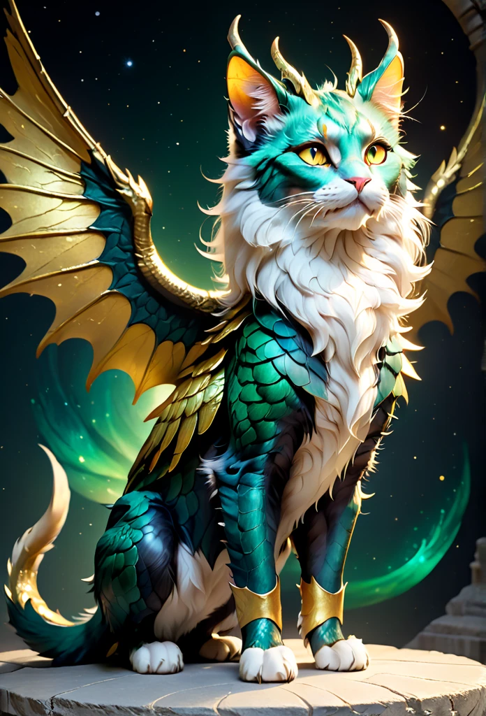 full body, feral, hybrid between cat and furred dragon, dark green and golden fur, wings, horns, chest fluff, paws, fangs, ton back, faded gold eyes, a quadruped creature, detailed fur, intricate textures, detailed background, space, dramatic lighting, muted color palette, cinematic composition, ultra-detailed, 8k, photorealistic, masterpiece. No multiplication. Stained glass wings.