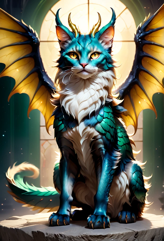 full body, feral, hybrid between cat and furred dragon, dark green and golden fur, wings, horns, chest fluff, paws, fangs, ton back, faded gold eyes, a quadruped creature, detailed fur, intricate textures, detailed background, space, dramatic lighting, muted color palette, cinematic composition, ultra-detailed, 8k, photorealistic, masterpiece. No multiplication. Stained glass wings.