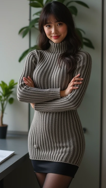 (In 8K, Raw-Photo, best quality, masterpiece:1.2), A breathtaking cinematic photo of a gorgeous woman in a muted colors sweater dress, capturing the essence of elegance and style. The image showcases the woman's perfect face, with her thin lips, thin eyes, and thin eyebrows, accentuating her natural beauty. Her thin nose adds to her stunning features, while her captivating earrings and long eyelashes add a touch of glamour. However, what truly sets her apart is her physique, which can only be described as impossibly wide hips that are immensely wide. Despite her immensely wide hips, she maintains a tiny waist and chest, creating a mesmerizing hourglass figure. Her shoulders are , enhancing her feminine silhouette