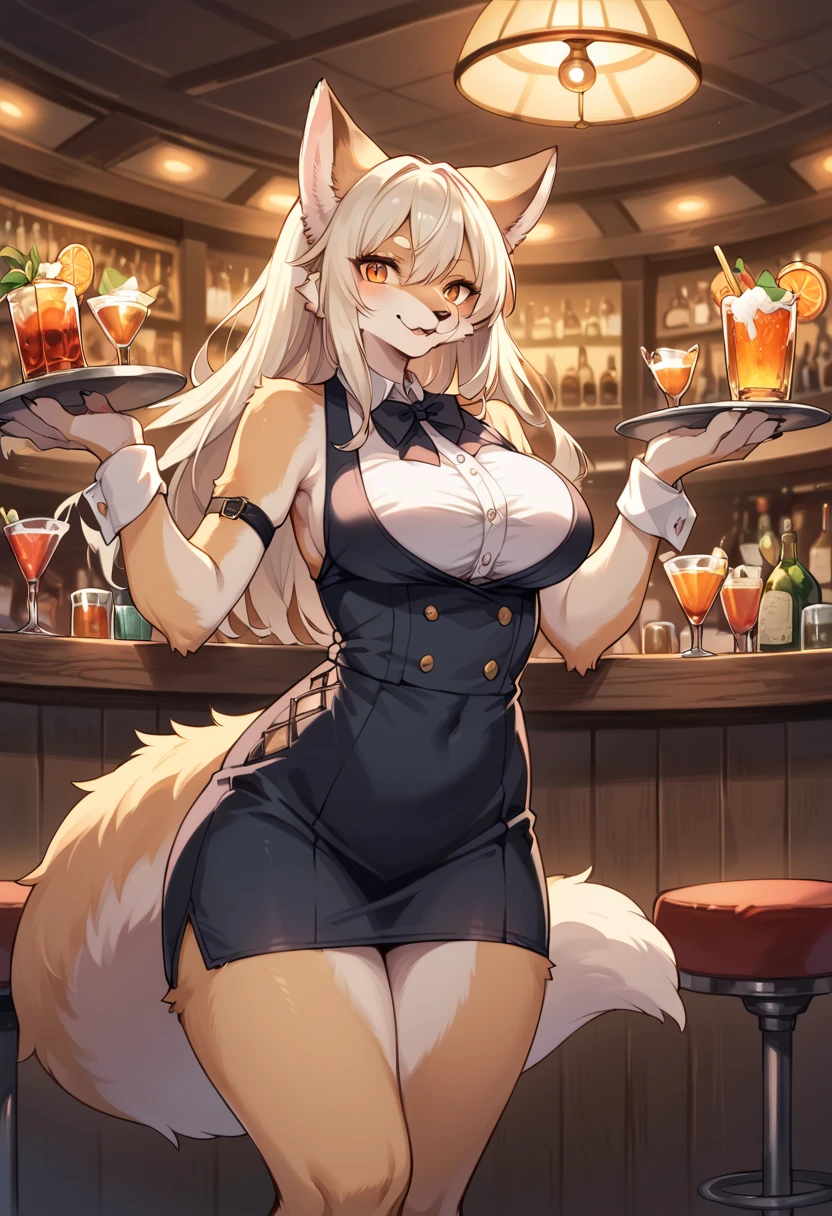 Highest quality, Highest quality, High quality illustrations, masterpiece, Ultra-high resolution, Detailed Background, bartender, bar, Cocktail, Absurd, Perfect Anatomy, Performance, Good lighting, Shadows in the movie(kemono, Furry Personification)Dynamic Angle, Rubber suit, ラbarスーツ, latex, Earrings, Bunny Suit