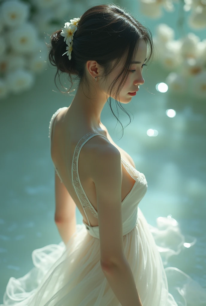 
In the center of the image is the、A beautiful Japanese girl with long hair and cosmic beauty is depicted.。Her hair is black、It is tied in a ponytail at the back。Her expression was quiet、It creates a meditative atmosphere。I have my eyes closed.、The calm appearance is impressive.。

She wears an intricate and delicate bodysuit。The bodysuit is made of pale white and transparent material.、It features flowing lines。
The background is painted in a simple pale green tone.、It highlights her figure。The background has a transparent fluid effect.、It creates a fantastic atmosphere as if you were underwater.。These fluids take on complex shapes.、It reflects light and shines brightly。

The use of light is also very clever.、The light reflecting off her skin and bodysuit is beautifully rendered.。The reflection of light combined with the transparent fluid、It creates a very fantastic effect。

as a whole、This image depicts a woman of elegant and mysterious beauty.、Gives a strong visual impact to the viewer。Her serene expression and flowing dress、And the transparent effect in the background blends in beautifully.、It offers a highly engaging visual experience。This work is packed with fantastical and artistic elements that users love.。