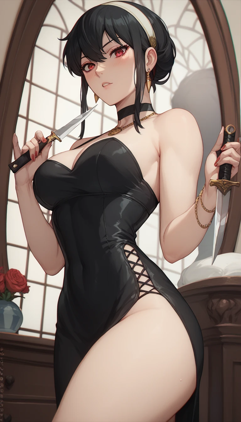  Your_Forger short black hair red eyes medium large black dress healed abdomen thick thighs big with two knives in hand in front of the mirror sexy thick thighs