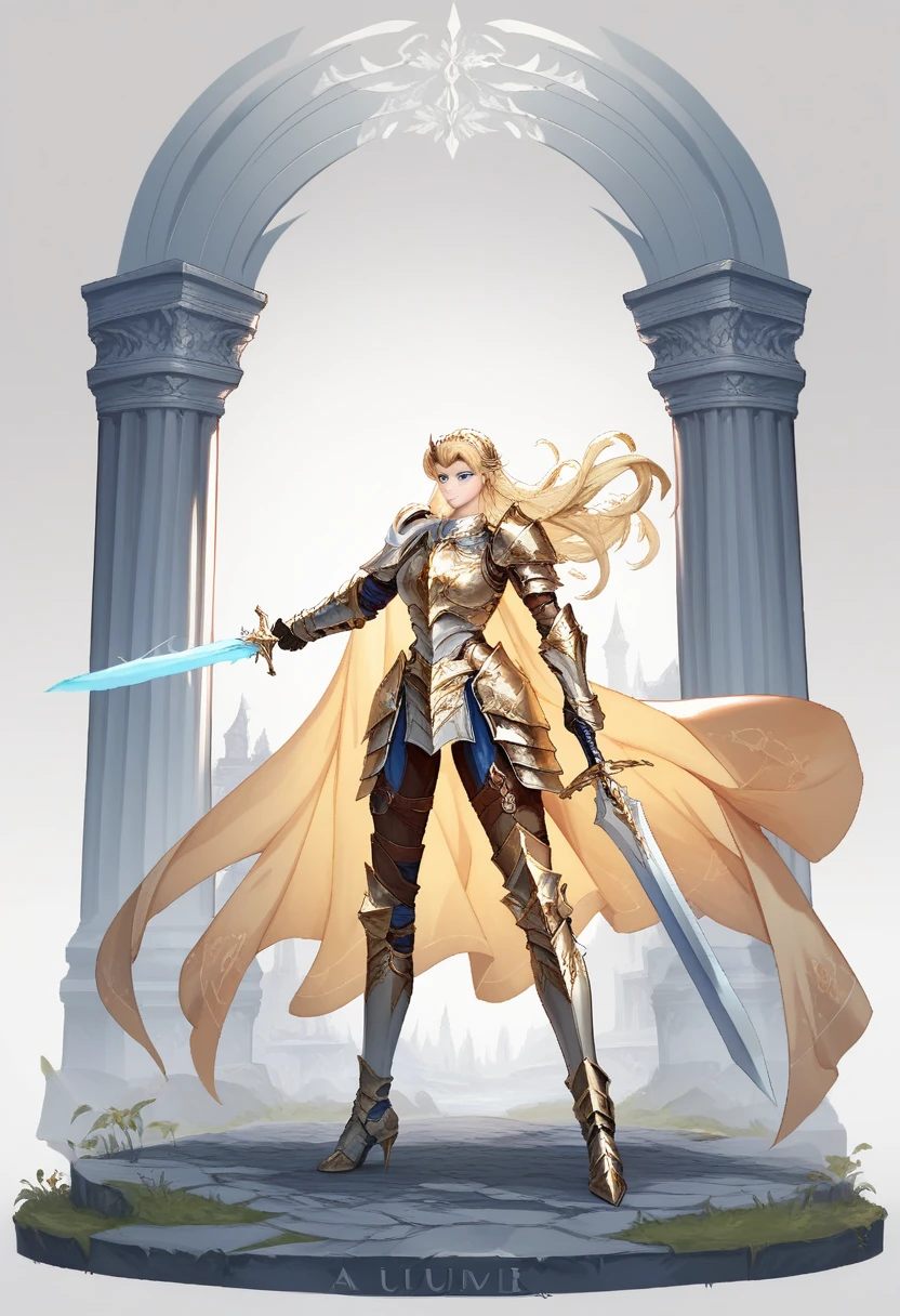 1girl, armor, solo, weapon, sword, holding_weapon, holding, holding_sword, blonde_hair, standing, blue_eyes, full_body, breastplate, long_hair, high_heels, looking_at_viewer, gauntlets, shoulder_armor, boots, cape, armored_boots, lips, plate_armor, closed_mouth, pauldrons