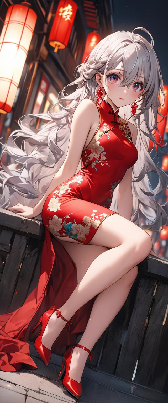 realisticlying,1girl,White hair,ChineseGirl,Purple eye,glowing light eyes,Cut the top,a skirt,parted lip,Be red in the face,the night,fresh flowers,suns,rays of sunshine,on cheongsam