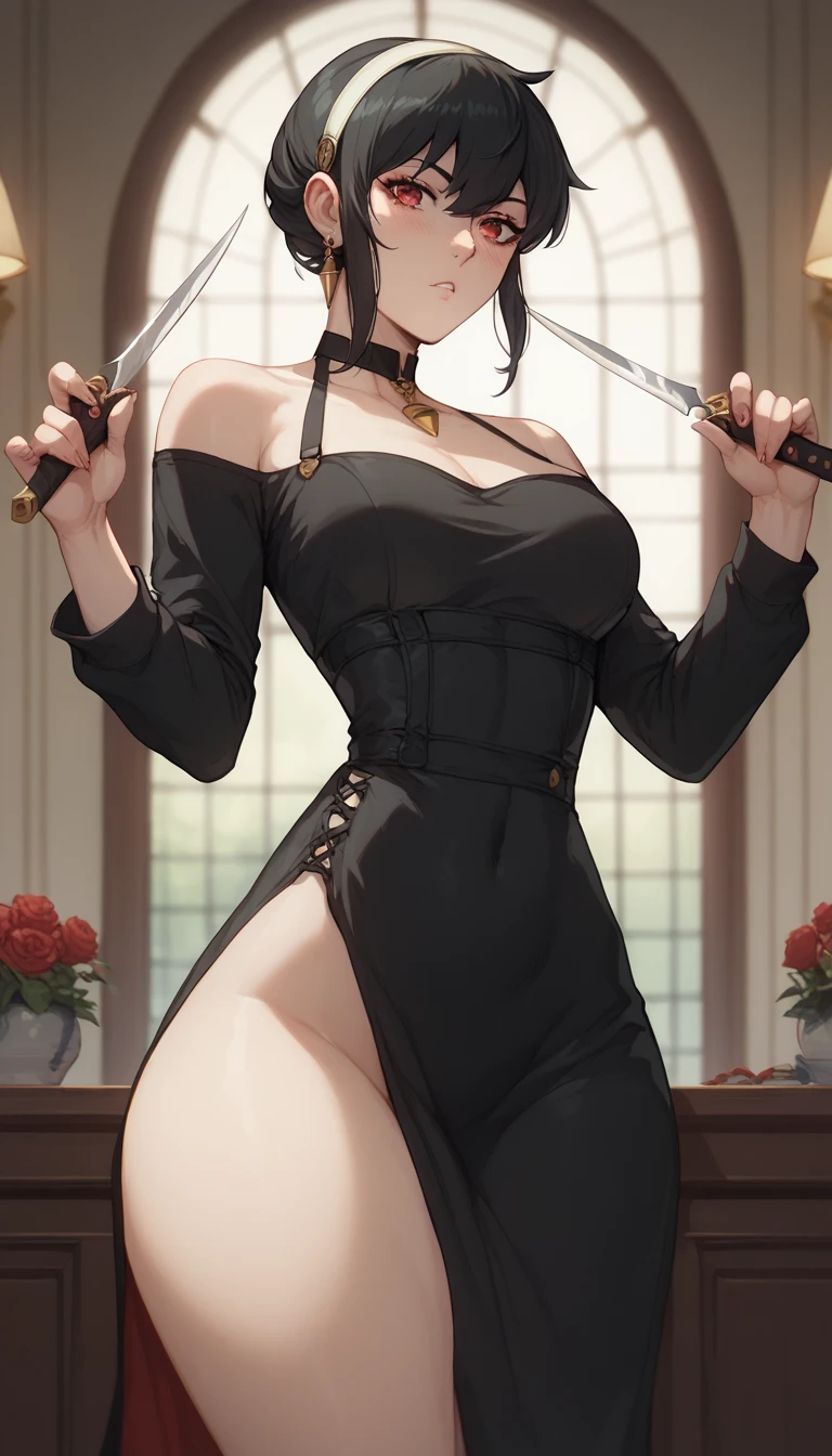  Your_Forger short black hair red eyes medium large black dress healed abdomen thick thighs big with two knives in hand in front of the mirror sexy thick thighs