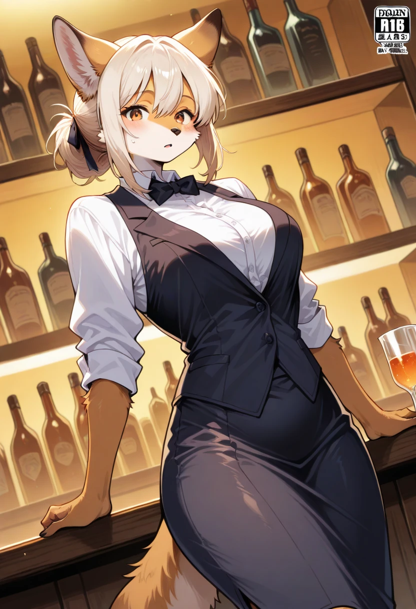 top quality, best quality, High-quality illustrations, masterpiece, super high resolution, detailed background, bartender, bar, cocktail, absurdres(1girl, kemono, furry anthro)perfect anatomy, expression, good lighting, cinematic shadow, dynamic angle,
