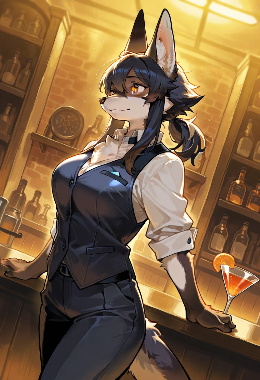 top quality, best quality, High-quality illustrations, masterpiece, super high resolution, detailed background, bartender, bar, cocktail, absurdres(1girl, kemono, furry anthro)perfect anatomy, expression, good lighting, cinematic shadow, dynamic angle,