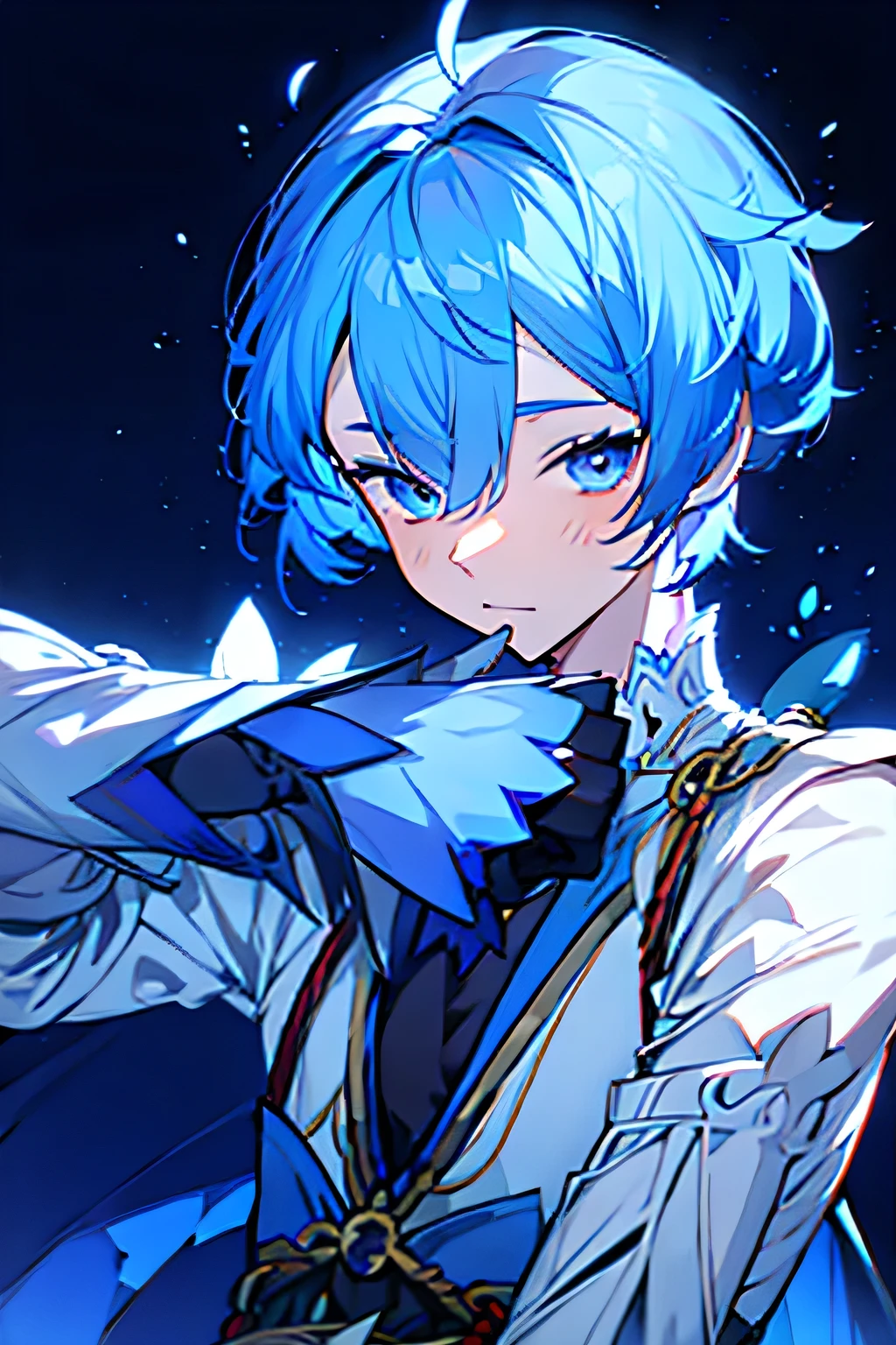 Blue Hair、Swordsman、He is holding a thin sword、 handsome、male、 upper body、I'm putting my thumb on the edge of my mouth