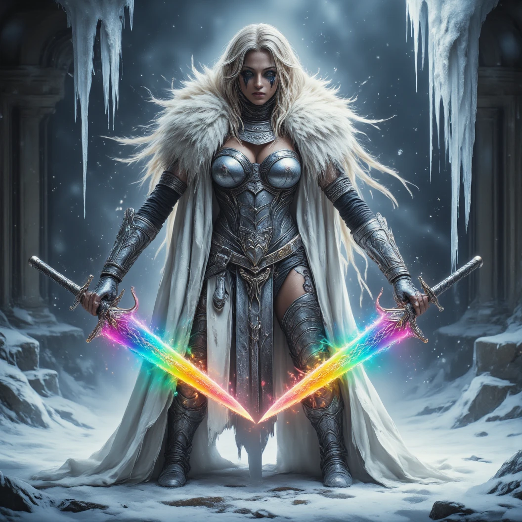 Imagine a warrior queen donned in shining silver armor with a white fur cloak. Black running eyeliner war paint. Dynamically wields dual sword with rainbow colored blades in a defensive pose. Dynamic fighting pose. A small snow covered colleseum is her fighting arena. A freezing and windy blizzard atmosphere. Icecicles. High Resolution, Masterpiece, Award Winning, Hyperdetailed, Hyperrealism, Depth Of Field, Image Fill, Floating particles, Dynamic pose.