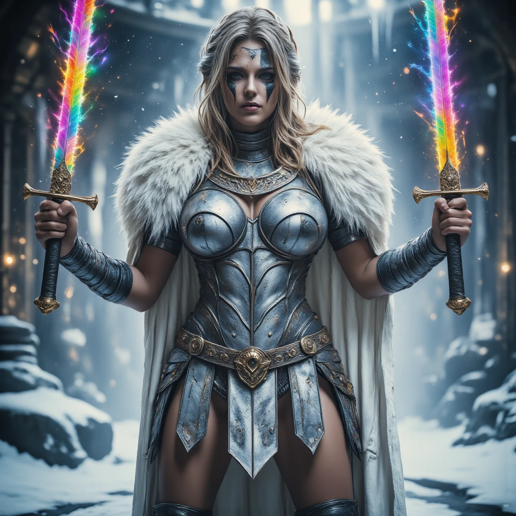 Imagine a warrior queen donned in shining silver armor with a white fur cloak. Black running eyeliner war paint. Dynamically wields dual sword with rainbow colored blades in a defensive pose. Dynamic fighting pose. A small snow covered colleseum is her fighting arena. A freezing and windy blizzard atmosphere. Icecicles. High Resolution, Masterpiece, Award Winning, Hyperdetailed, Hyperrealism, Depth Of Field, Image Fill, Floating particles, Dynamic pose.