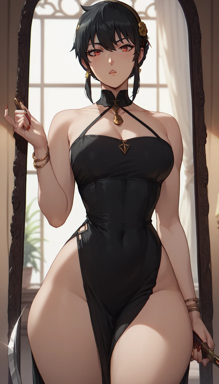  Your_Forger short black hair red eyes medium large black dress healed abdomen thick thighs big with two knives in hand in front of the mirror sexy thick thighs