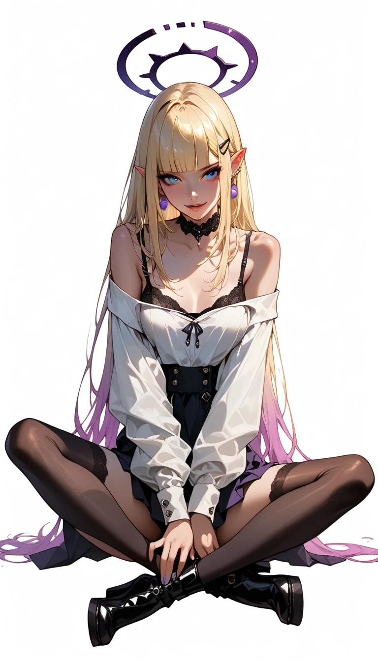 lastiarawhoseyards, 1girl, solo, :o, yellow eyes, blonde hair, very long hair, off-shoulder, white dress, criss-cross halter, medium breasts, thighhighs, lace-up boots, bare shoulders, thigh boots, lean, white background  BREAK
<lora:GoodHands-vanilla:1.0><lyco:Support_add_detail:-0.5><lyco:Support_boldline:0.5><lyco:Support_tangbohu-line_1.0:0.0><lora:LastiaraWhoseyardsLoHA-000004:1.0>