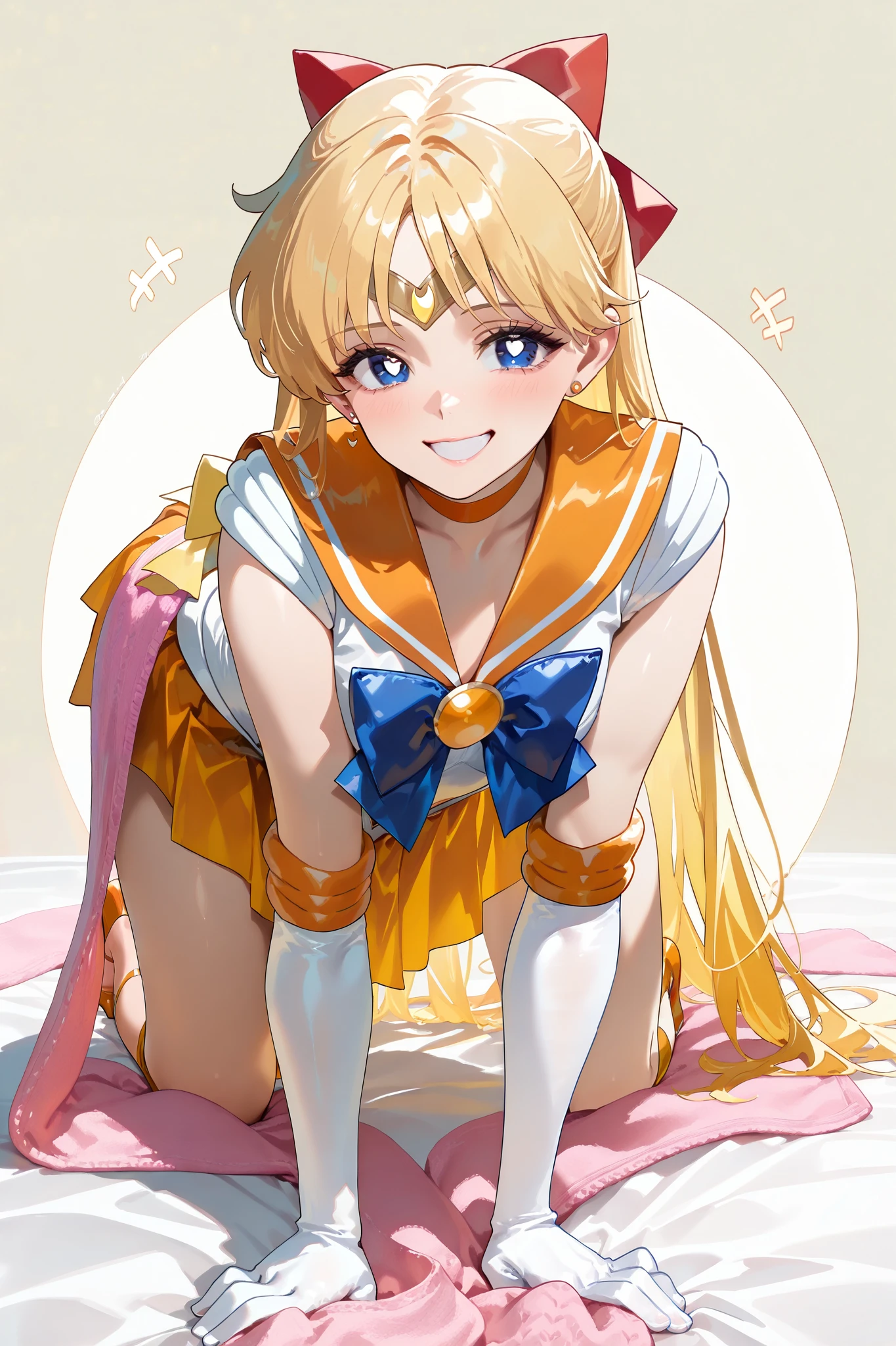 score_9,score_8_up,score_7_up,score_6_up, ((masterpiece)), ((best quality)), (ultra-detailed), ((extremely detailed)), 4K, (8K), best quality, (((orange Sailor Venus))), beautiful, smile, giggle, (((High quality fabric))), (((on all fours))), 