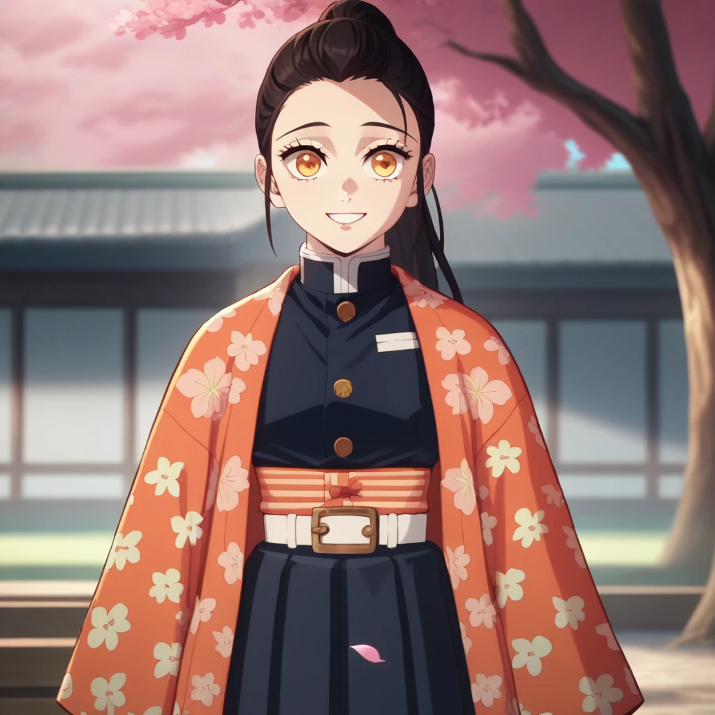 Anime Screencap, Season 4 Ufotable studio, girl with dark red hair, long hair, extremely long hair, long dark red hair, ponytail, amber eyes, orange eyes, wearing a black Demon Slayer uniform, yellow haori with white floral cloth pattern, smiling, feminine, cherry blossom background