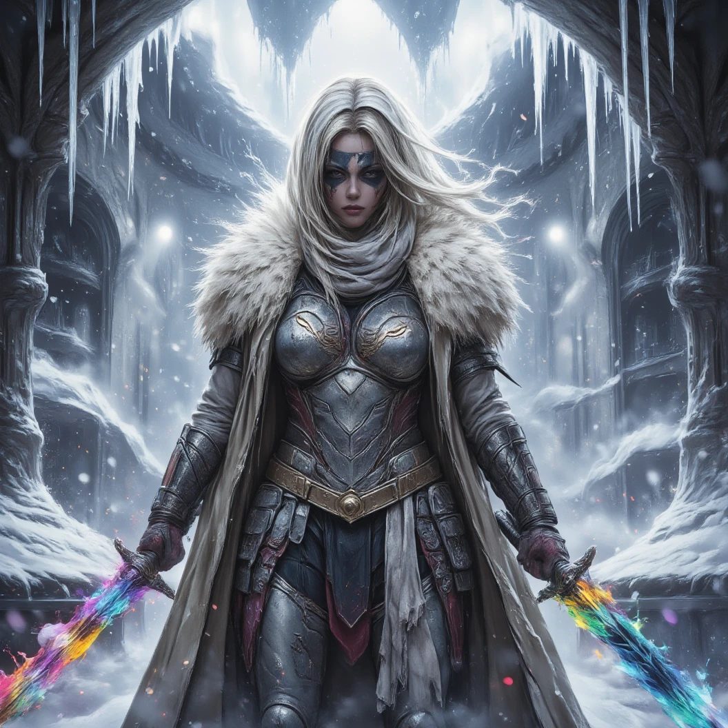 Imagine a warrior queen donned in shining silver armor with a white fur cloak. Black running eyeliner war paint. Dynamic sword fighting pose.  Dynamically wields dual sword with rainbow colored blades in a defensive pose. Dynamic fighting pose. A small snow covered colleseum is her fighting arena. A freezing and windy blizzard atmosphere. Icecicles. High Resolution, Masterpiece, Award Winning, Hyperdetailed, Hyperrealism, Depth Of Field, Image Fill, Floating particles, Dynamic pose.