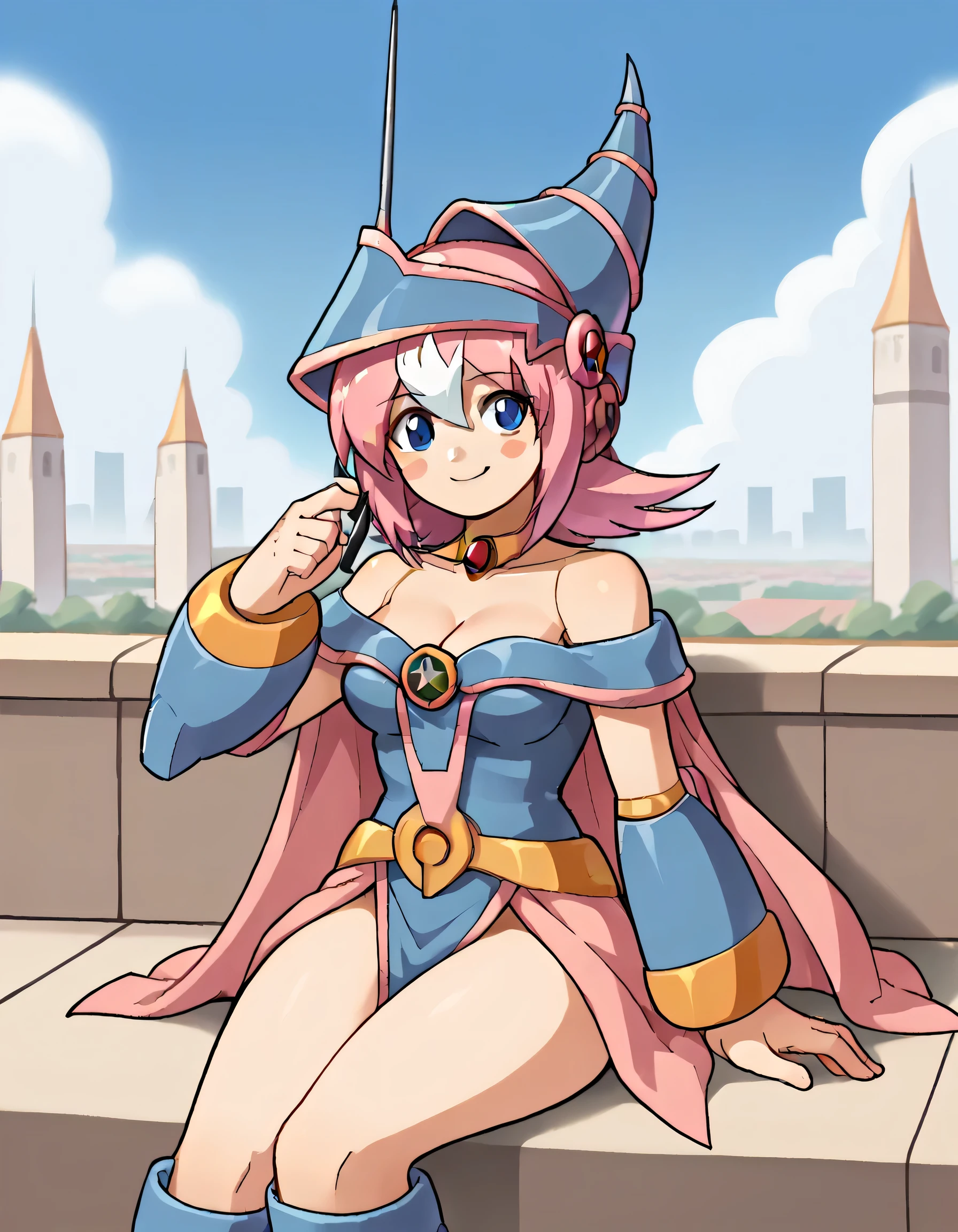 score_9, score_8_up, score_7_up, source_animedark magician girl cosplay, dark magician girl (cosplay), bare shoulders, blue footwear, blush, blush stickers, cleavage, collarbone, duel monster, hat, off shoulder, pentacle, wizard hat,, outdoors, cityscape, sitting, smile, blush, cowboy shot, looking at viewer,NanaMMX, 1girl, android, robot joints, pink hair, white hair, two-tone hair, multicolored hair, antenna, robot ears, blue eyes