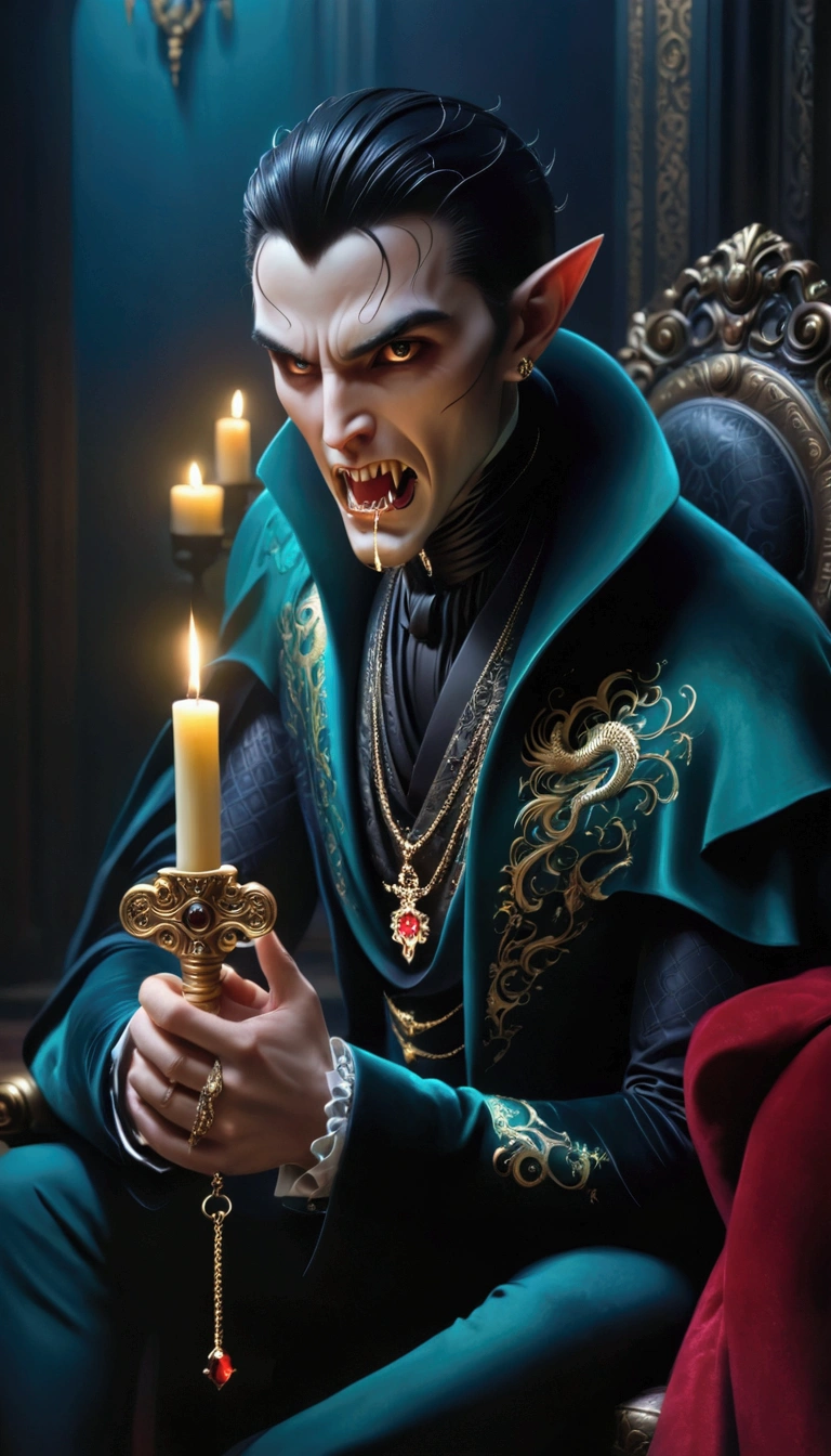 A VAMPIRE man, sitting on a dark teal velvet throne, wearing a dark teal coat, adorned and embroidered with gold and metallic arabesques. The coat is accented by gold detailing, resembling intricate embroidery of Dragons in gold thread. He also wears a matching vest and a ruffled tie. His hair is dark, neatly combed. His expression is intense, macabre, almost regal, and he shows his very long fangs in a bite-like motion. He is holding a golden object (similar to an exquisitely ornate miniature ancient key) in his hands. The room is dimly lit by candles, creating a warm glow with a dark and dramatic atmosphere. The background of the throne is rich and dark, very high backed with hints of gothic aesthetics. Hyperrealistic rendering of fabrics and details, highlighting textures and shadows. Include detailed elements such as the embroidered patterns, jewelry, and chair. Focus on the man's facial expression and posture to convey a sense of power and mystery. Use bold colors, deep shadows, and warm neon light reflected from candles.