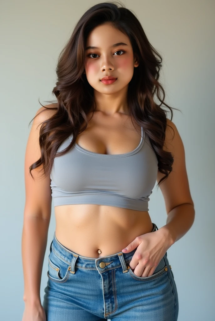 A young woman wearing a tang top, shorts is angry, the picture is very detailed, original photo, face looks like the artist Dewi Persik