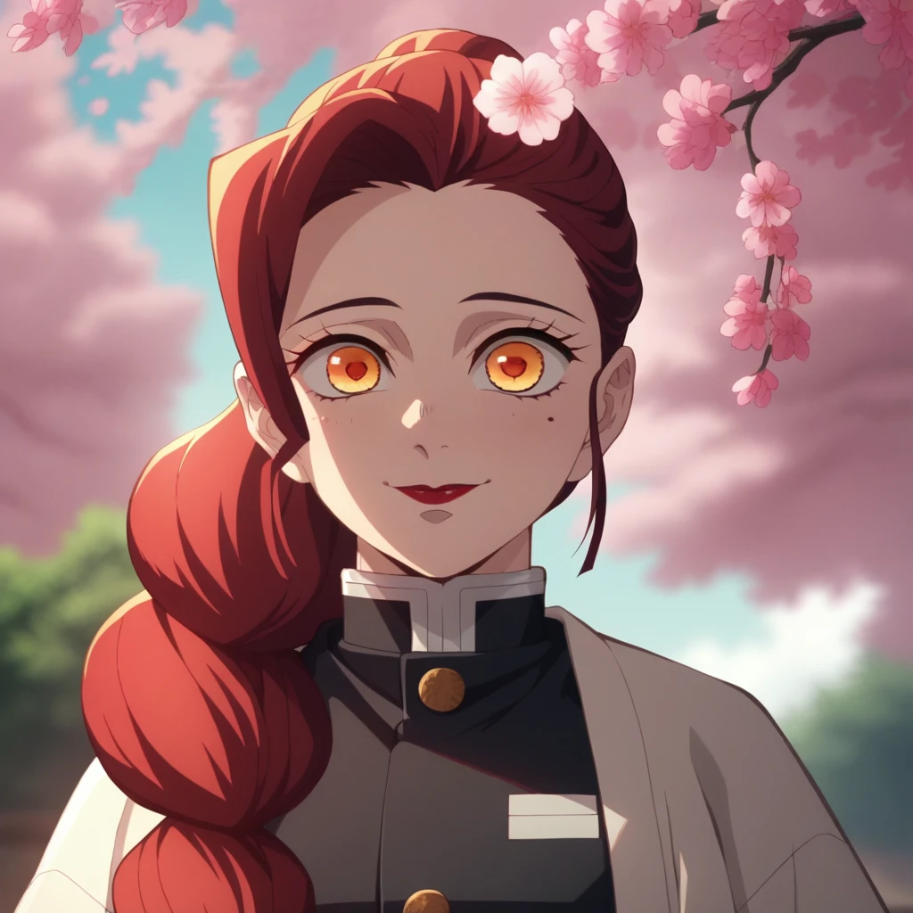 Anime Screencap, Season 4 Ufotable studio, girl with dark red hair, long hair, extremely long hair, long dark red hair, ponytail, amber eyes, orange eyes, wearing a black Demon Slayer uniform, yellow haori with white floral cloth pattern, smiling, feminine, cherry blossom background, face close up