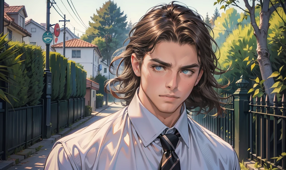 (masterpiece, best quality), 1 male, aged in his 20's appearance:1.4, tall muscular guy, broad shoulders, finely detailed eyes and detailed face, intricate details, realistic, very handsome, wavy long brown hair:1.7, dark eyes:1.4, romantic beautiful face:1.5, professionally-dressed in a button-down shirt and tie: 1.4, teacher:1.4, flustered, Has a disarmed expression on his face:1.7, stubble on his jaw & chin:1.5, looking at viewer:1.5, standing outside a secondary-school building, surrounded by trees.